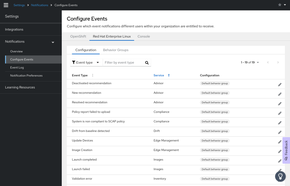 Configure Events and behavior groups association in Red Hat Insights